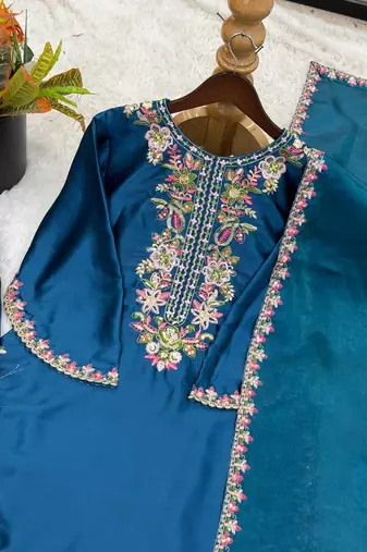 French crepe farshi salwar kameez with embroidery & silk dupatta ready to wear