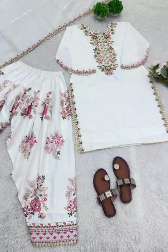 French crepe farshi salwar kameez with embroidery & silk dupatta ready to wear