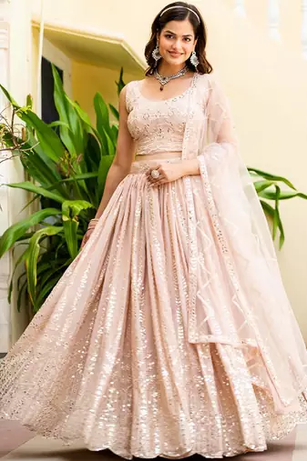 Embroidered  Round Neck Flared Lehenga Choli Free Size Upto 42