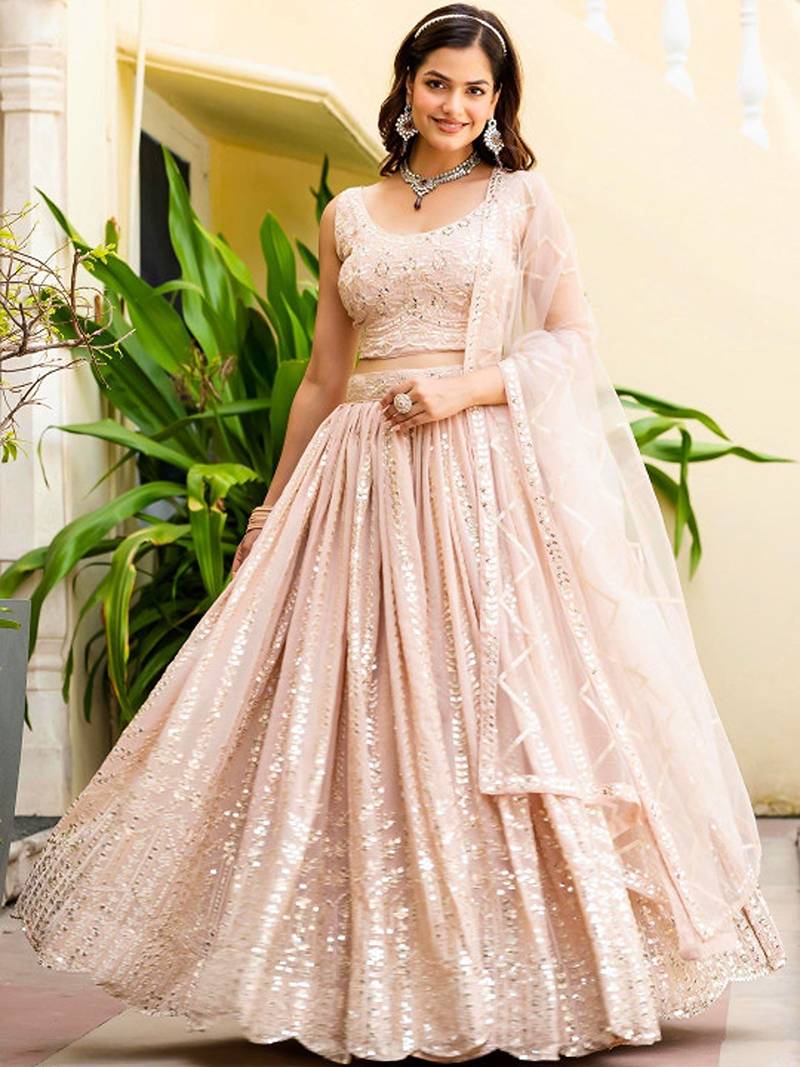 Embroidered  Round Neck Flared Lehenga Choli Free Size Upto 42