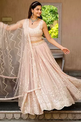 Embroidered  Round Neck Flared Lehenga Choli Free Size Upto 42