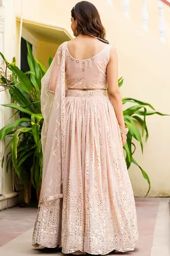 Embroidered  Round Neck Flared Lehenga Choli Free Size Upto 42