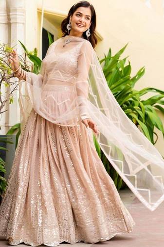 Embellished Semi-Stitched Georgette Lehenga & Unstitched Blouse With Dupatta Free Size Upto 42