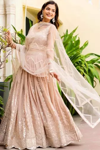 Embellished Semi-Stitched Georgette Lehenga & Unstitched Blouse With Dupatta Free Size Upto 42