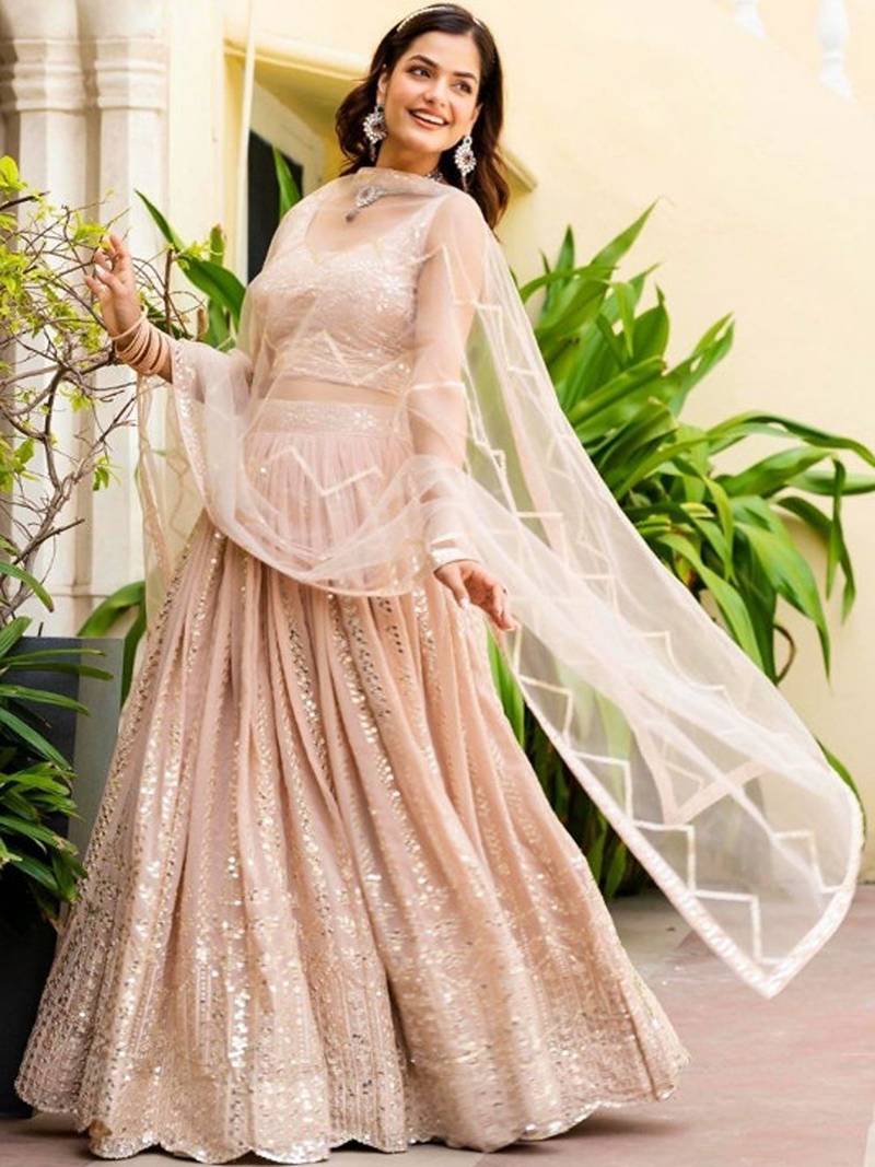 Embellished Semi-Stitched Georgette Lehenga & Unstitched Blouse With Dupatta Free Size Upto 42