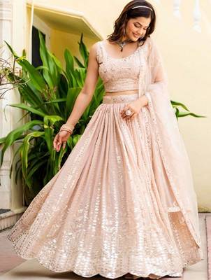 Embellished Semi-Stitched Georgette Lehenga & Unstitched Blouse With Dupatta Free Size Upto 42 2