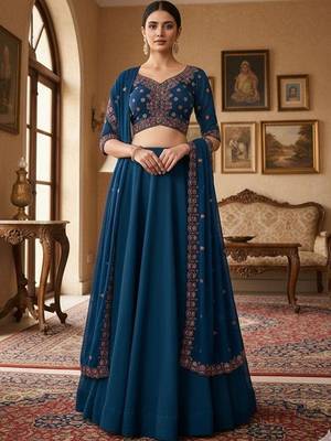 Embroidered V-Neck Flared Lehenga Choli Free Size Upto 42 1