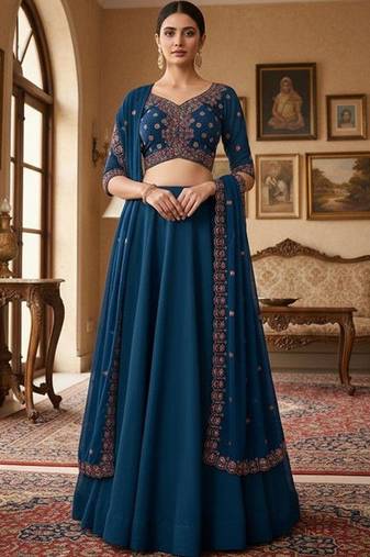 Embroidered V-Neck Flared Lehenga Choli Free Size Upto 42
