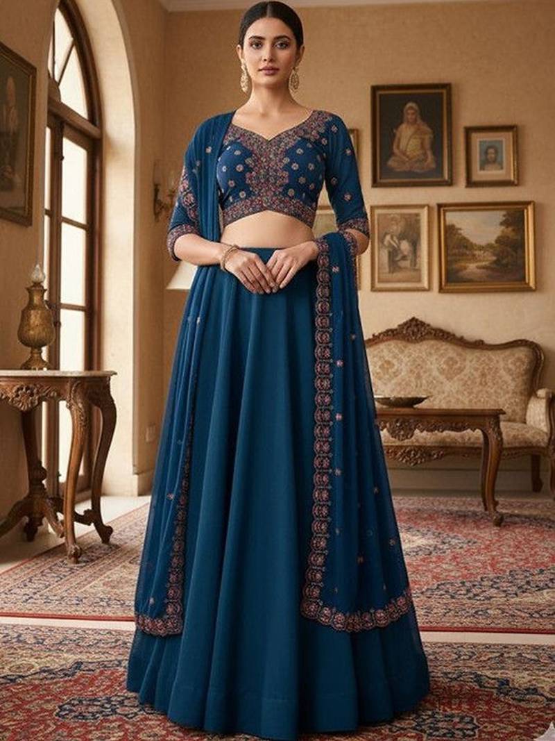 Embroidered V-Neck Flared Lehenga Choli Free Size Upto 42