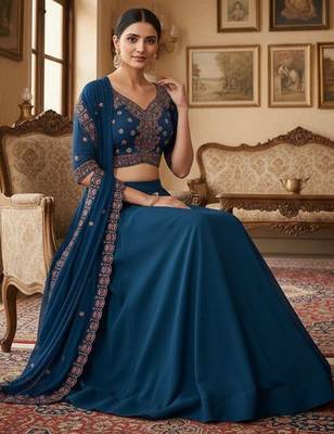 Embroidered V-Neck Flared Lehenga Choli Free Size Upto 42 2