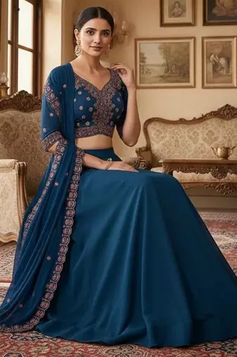 Embroidered V-Neck Flared Lehenga Choli Free Size Upto 42
