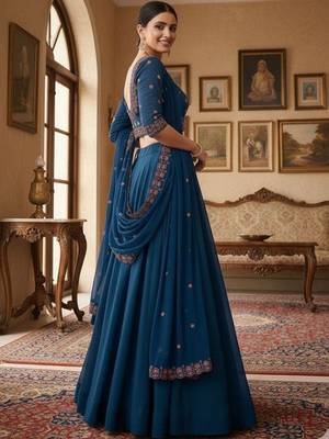 Embroidered V-Neck Flared Lehenga Choli Free Size Upto 42 3