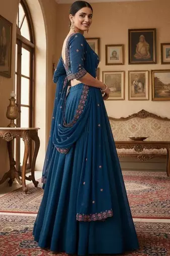 Embroidered V-Neck Flared Lehenga Choli Free Size Upto 42