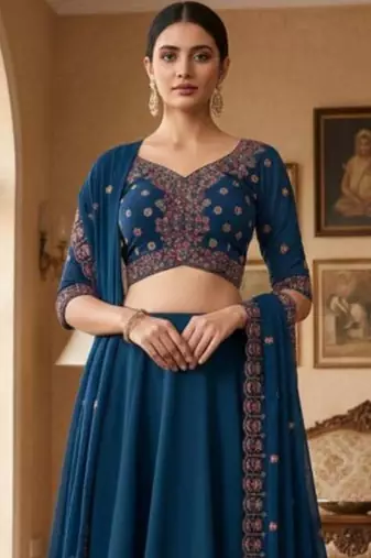 Embroidered V-Neck Flared Lehenga Choli Free Size Upto 42