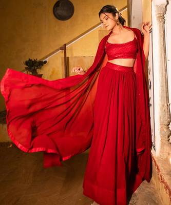 Embroidered Sequinned Ready To Wear Lehenga & Blouse With Cape Free Size Upto 42 1
