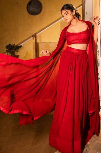 Embroidered Sequinned Ready To Wear Lehenga & Blouse With Cape Free Size Upto 42
