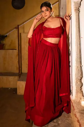 Embroidered Sequinned Ready To Wear Lehenga & Blouse With Cape Free Size Upto 42