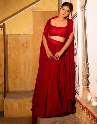 Embroidered Sequinned Ready To Wear Lehenga & Blouse With Cape Free Size Upto 42 4
