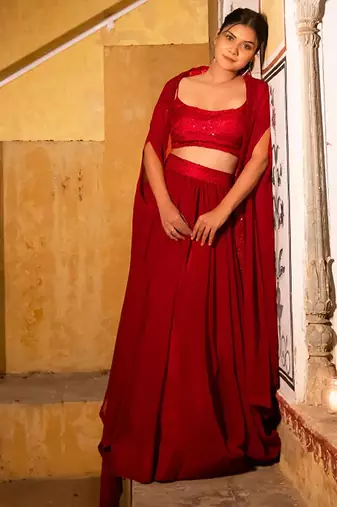 Embroidered Sequinned Ready To Wear Lehenga & Blouse With Cape Free Size Upto 42