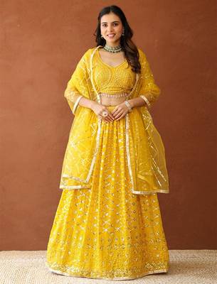 Embroidered Sequinned Ready To Wear Lehenga & Blouse With Dupatta Free Size Upto 42 1