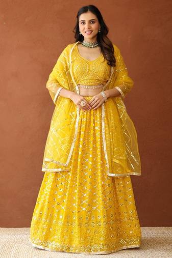 Embroidered Sequinned Ready To Wear Lehenga & Blouse With Dupatta Free Size Upto 42