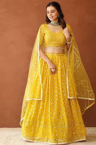 Embroidered Sequinned Ready To Wear Lehenga & Blouse With Dupatta Free Size Upto 42