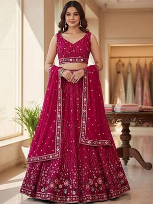 Embroidered Sequinned Semi-Stitched Lehenga & Unstitched Blouse With Dupatta Free Size Upto 42 1