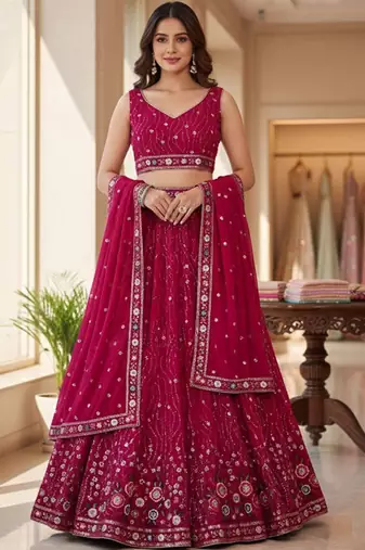 Embroidered Sequinned Semi-Stitched Lehenga & Unstitched Blouse With Dupatta Free Size Upto 42