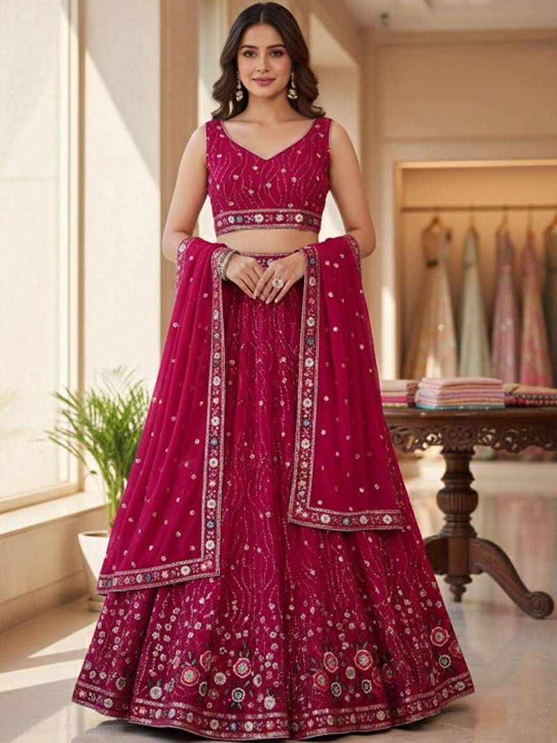 Embroidered Sequinned Semi-Stitched Lehenga & Unstitched Blouse With Dupatta Free Size Upto 42