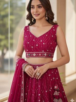 Embroidered Sequinned Semi-Stitched Lehenga & Unstitched Blouse With Dupatta Free Size Upto 42 2