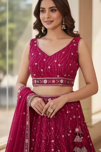 Embroidered Sequinned Semi-Stitched Lehenga & Unstitched Blouse With Dupatta Free Size Upto 42