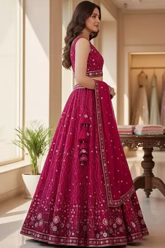 Embroidered Sequinned Semi-Stitched Lehenga & Unstitched Blouse With Dupatta Free Size Upto 42