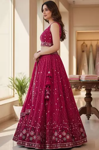 Embroidered Sequinned Semi-Stitched Lehenga & Unstitched Blouse With Dupatta Free Size Upto 42
