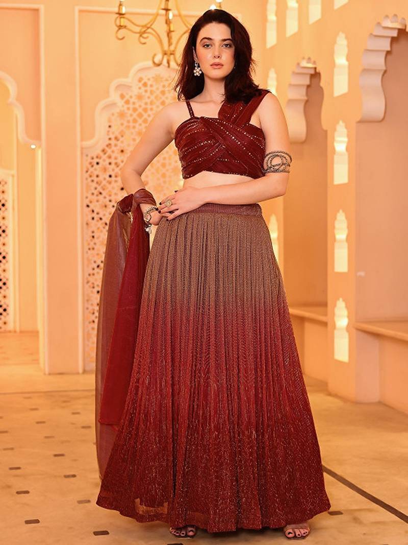 Embellished Sequinned Ready To Wear Lehenga & Unstitched Blouse With Dupatta Free Size Upto 42