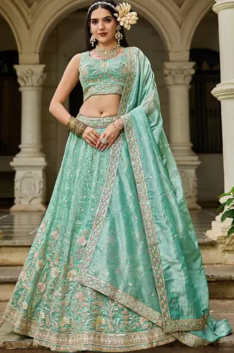 Embroidered Sweetheart Neck Sequinned Semi-Stitched Lehenga & Blouse With Dupatta Free Size Upto 42