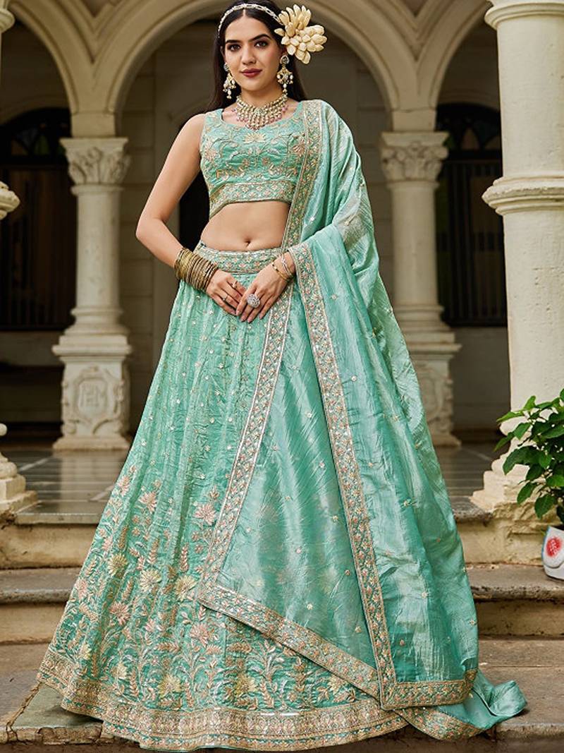 Embroidered Sweetheart Neck Sequinned Semi-Stitched Lehenga & Blouse With Dupatta Free Size Upto 42