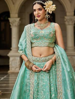 Embroidered Sweetheart Neck Sequinned Semi-Stitched Lehenga & Blouse With Dupatta Free Size Upto 42 2