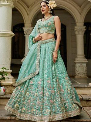 Embroidered Sweetheart Neck Sequinned Semi-Stitched Lehenga & Blouse With Dupatta Free Size Upto 42 3