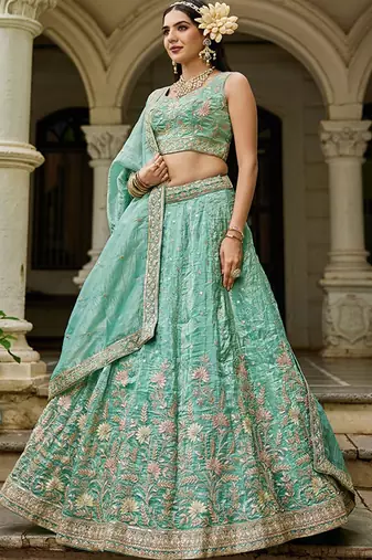 Embroidered Sweetheart Neck Sequinned Semi-Stitched Lehenga & Blouse With Dupatta Free Size Upto 42