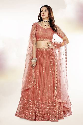 Embroidered Sequinned Semi-Stitched Lehenga & Unstitched Blouse With Dupatta Free Size Upto 42