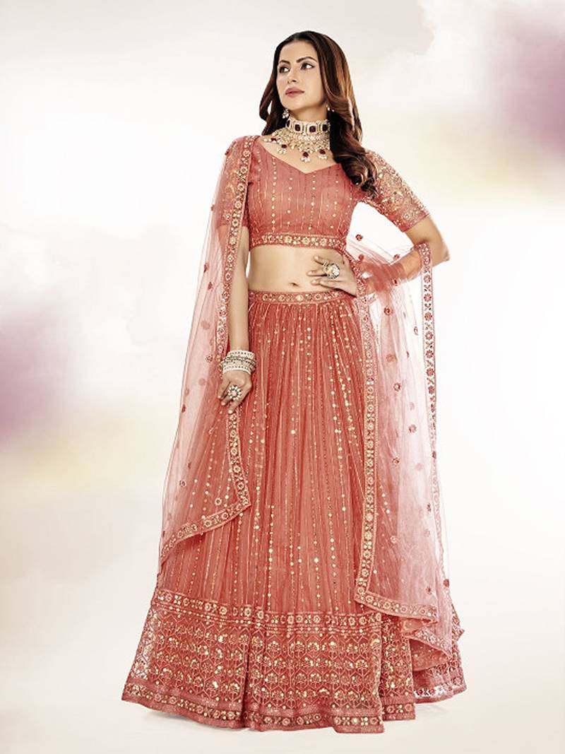 Embroidered Sequinned Semi-Stitched Lehenga & Unstitched Blouse With Dupatta Free Size Upto 42