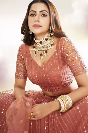 Embroidered Sequinned Semi-Stitched Lehenga & Unstitched Blouse With Dupatta Free Size Upto 42