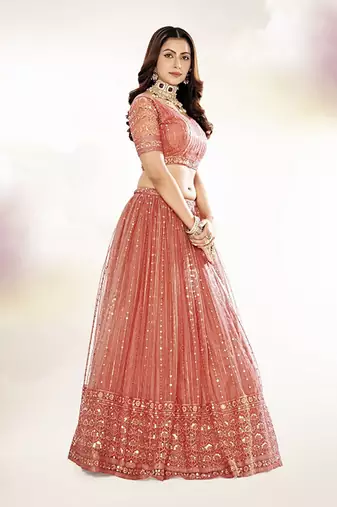Embroidered Sequinned Semi-Stitched Lehenga & Unstitched Blouse With Dupatta Free Size Upto 42