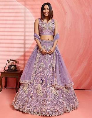 Embroidered Sequinned Semi-Stitched Lehenga & Unstitched Blouse With Dupatta Free Size Upto 42 1