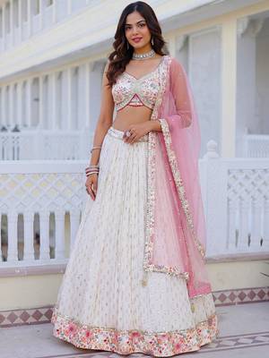 Embroidered Sequinned Semi-Stitched Lehenga & Blouse With Dupatta Free Size Upto 42 1