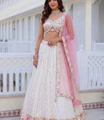 Embroidered Sequinned Semi-Stitched Lehenga & Blouse With Dupatta Free Size Upto 42