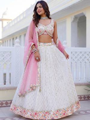 Embroidered Sequinned Semi-Stitched Lehenga & Blouse With Dupatta Free Size Upto 42 2
