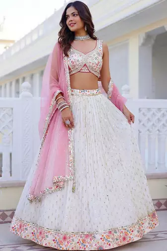 Embroidered Sequinned Semi-Stitched Lehenga & Blouse With Dupatta Free Size Upto 42