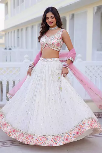 Embroidered Sequinned Semi-Stitched Lehenga & Blouse With Dupatta Free Size Upto 42