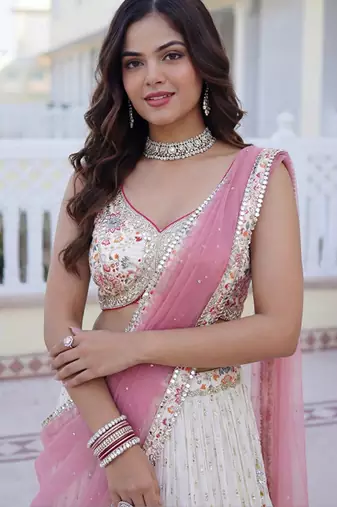 Embroidered Sequinned Semi-Stitched Lehenga & Blouse With Dupatta Free Size Upto 42